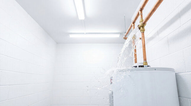 Water leaking from broken copper pipe above domestic hot water heater. Household emergency, plumbing failure and flooding damage concept. Residential maintenance and pipe repair assistance.