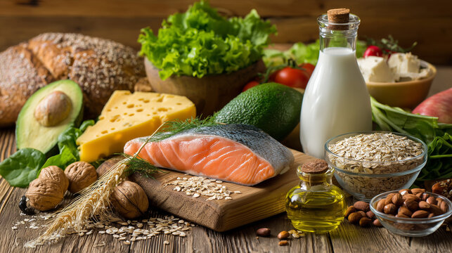 Healthy diet food composition with salmon, avocado, cheese, nuts and fresh vegetables on rustic wooden background, omega 3 nutrition concept