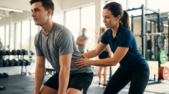 Gym instructor kneeling beside first-time gym user demonstrating proper squat form, mirrored wall reflecting both, supportive coaching posture, beginner guidance, fitness coaching, new member experi