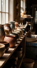 Fototapeta premium Handmade clay pottery displayed on rustic shelf, natural light highlighting textures and craftsmanship in a studio setting, perfect for creative projects