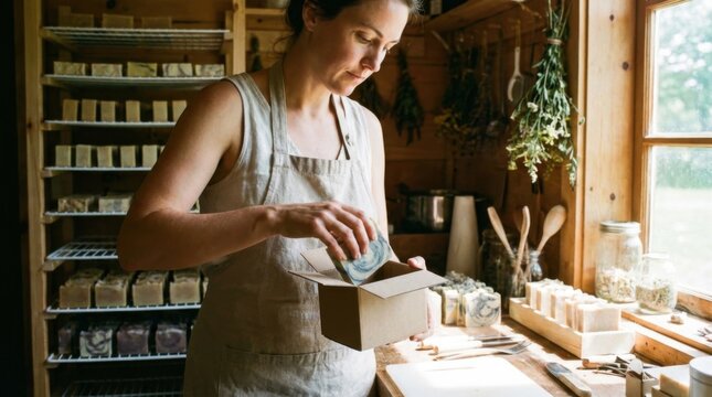 Artisan soap maker packaging marbled natural soap bar into small cardboard box inside rustic wooden .