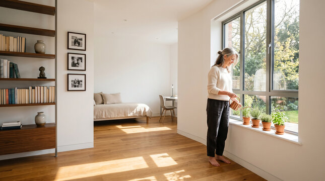 Empty nester waters a row of herb seedlings on a windowsill of a transformed child's bedroom, framed family photos still on the wall beside a new bookshelf, late afternoon sun warm across the wooden