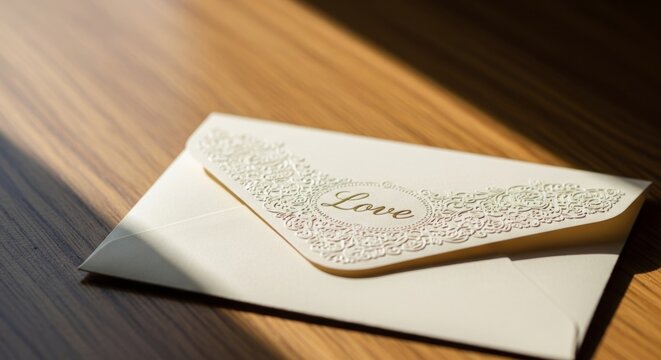 Romantic embossed "Love" envelope with intricate lace design, bathed in soft window light on a rustic wood table, perfect for wedding invitations