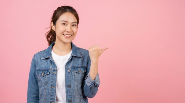 Happy Asian adult woman wearing a denim jacket pointing her thumb backward over her shoulder on a bright pink  background.