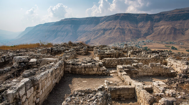 ancient ruins against mountain landscape, archaeological site, stone walls, historical heritage, dry climate, panoramic view