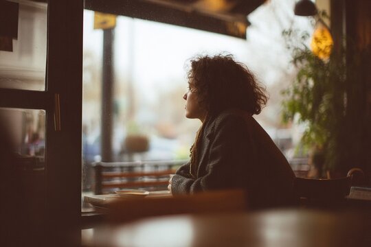woman sitting in cafe by window, thoughtful look, warm light, calm atmosphere, urban interior, moment of self reflection