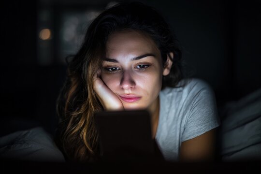 woman looking at smartphone in dark room, thoughtful and sad mood, night scene, screen light, loneliness and digital addiction