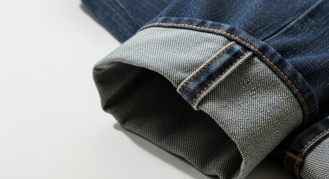 Raw selvedge denim jeans cuffs with intricate texture in natural light, perfect for fashion and design concepts with copy space.