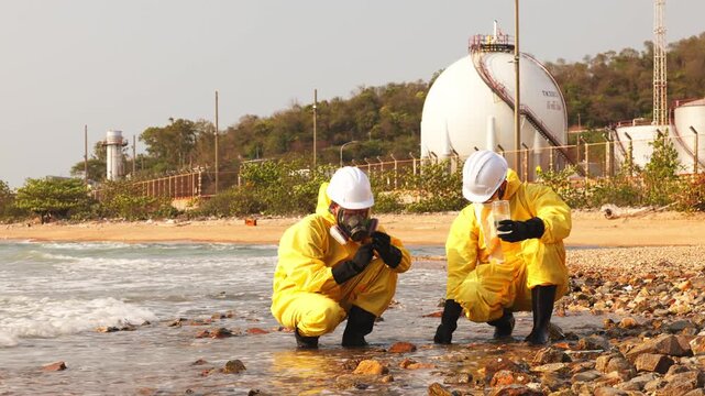 Environmental workers in protective suits collect seawater samples along rocky shoreline while supervisor records data, monitoring chemical pollution and coastal contamination.