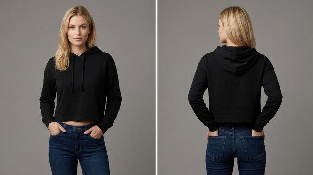 Blonde woman wearing black cropped hooded sweatshirt and dark blue jeans posing for front and back apparel display mockup.