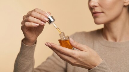 Fototapeta premium Adult woman holding small glass dropper bottle filled with golden brown cosmetic oil serum for application during skincare routine.