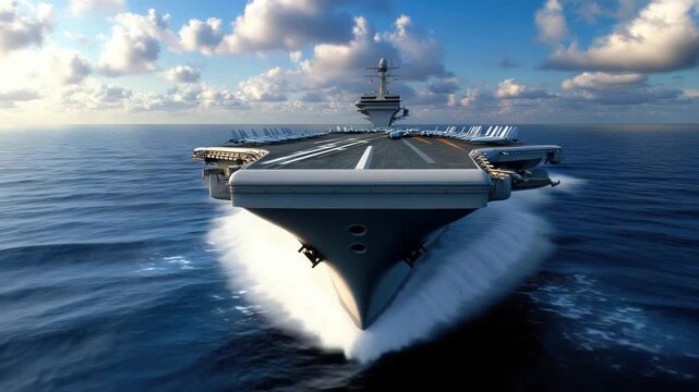 Powerful aircraft carrier gracefully with fighter jets on its deck, showing naval strength, resilience,global defense capabilities under, military security amidst challenging conditions.