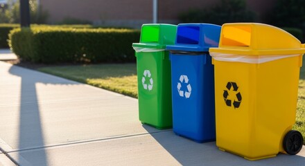 Obraz premium Colorful plastic recycling bins lined up on a sunny sidewalk, promoting environmental responsibility and community awareness with ample copy space.