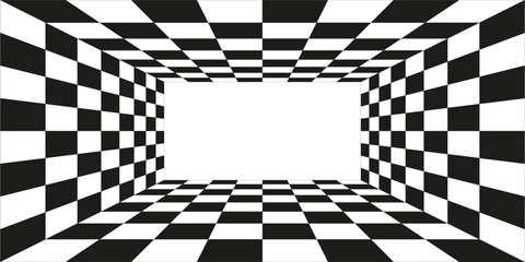 Obraz premium Abstract 3D perspective room with black and white checkered floor and walls. This vector is suitable for web, presentations, advertisements, sport and more. Optical illusion interior design
