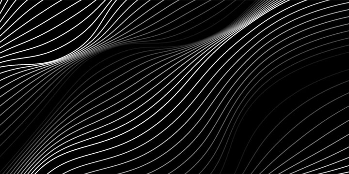 Abstract background with white wavy lines on black. This vector is suitable for web, presentations, advertisements, sport and more. Modern futuristic flow with dynamic stripe pattern