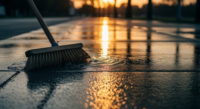 Broom sweeping wet concrete sidewalk during golden hour sunset, creating reflections and motion