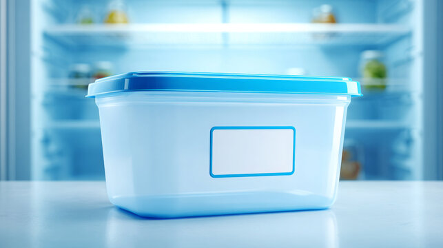 Clear plastic food storage container with blue lid placed on a countertop inside a refrigerator, with blurred shelves and food items visible in the background