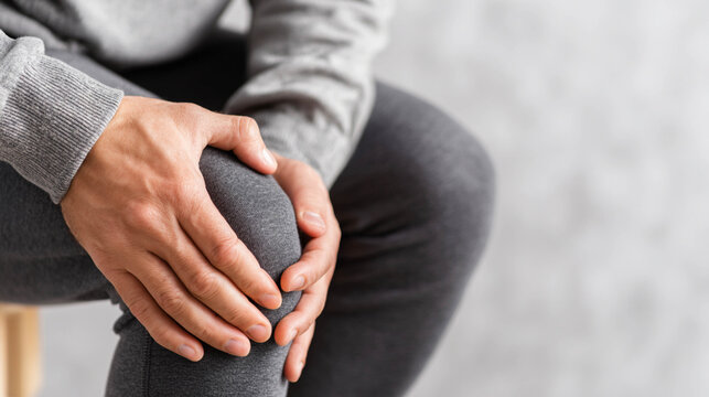 Unknown adult holding the knee with both hands while seated, posture showing joint stiffness and discomfort, concept of chronic joint pain
