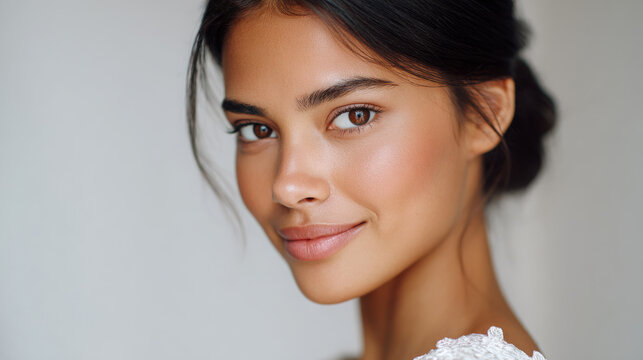 Young woman with dark hair and natural makeup poses for a close-up portrait, showcasing her smooth skin and subtle smile against a neutral background