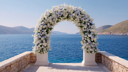 Fototapeta premium Floral arch adorned with white roses and greenery overlooking a serene blue sea, surrounded by rocky hills under a clear sky, ideal for weddings or events