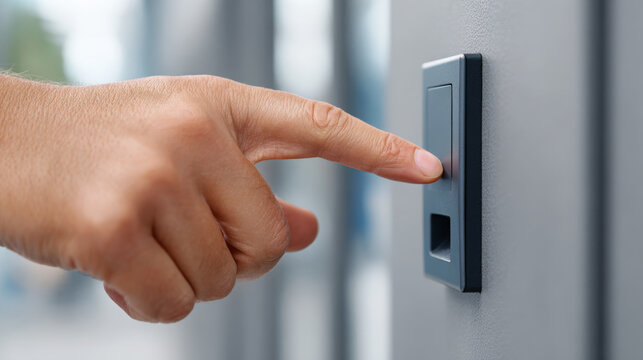 Close-up of a hand pressing a modern doorbell button on a gray wall, showcasing sleek design and contemporary home entry features
