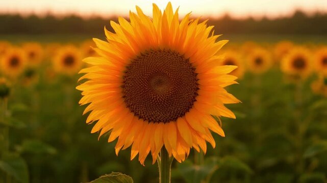 Close-up of a vibrant sunflower with bright yellow and orange petals and dark brown center, captured during golden hour in a sprawling sunflower field.