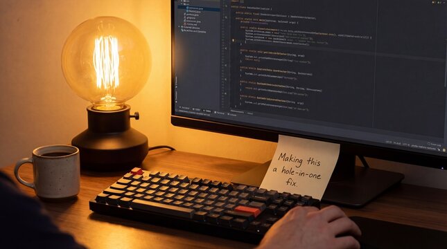 Programmer working late on a code fix with a creative light bulb lamp