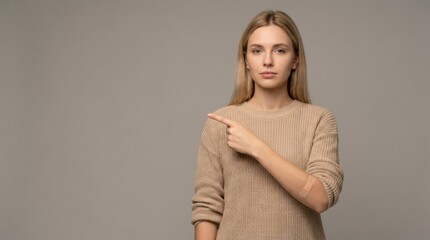 Obraz premium Young blonde woman pointing index finger horizontally left, displaying an adhesive bandage on her right arm against a neutral gray background.