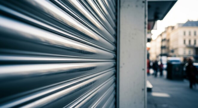Close-up of metallic security shutters on a commercial storefront, offering texture and copy space for branding in a busy urban street scene.