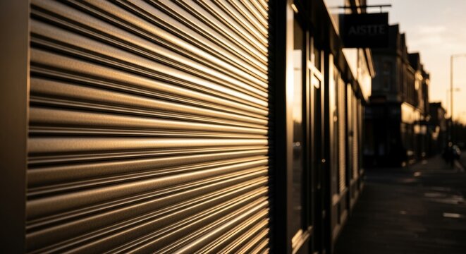 Metallic security shutters on a retail storefront during golden hour, offering robust protection and a textured urban backdrop.
