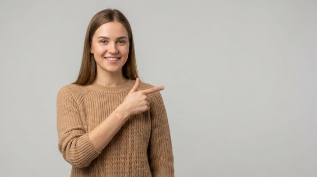 Happy Caucasian woman wearing brown knitted pullover sweater pointing right toward empty copy space on the gray wall.