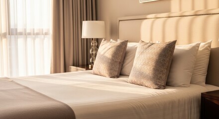 Obraz premium Luxurious king-size bed with elegant patterned pillows, bathed in warm golden hour light for a serene and inviting upscale bedroom atmosphere.