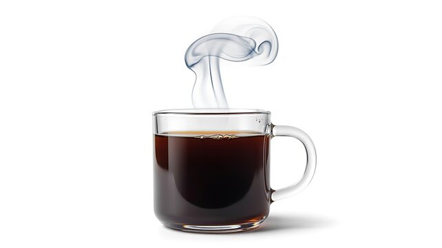 Hot black coffee glass cup steam rising isolated white background close up morning drink beverage product photography