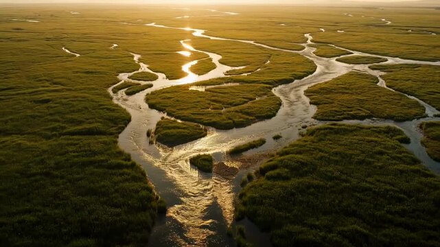 Stunning aerial perspective of meandering rivers snaking through expansive golden-green wetland terrain, capturing the natural patterns of a pristine delta or estuary ecosystem.