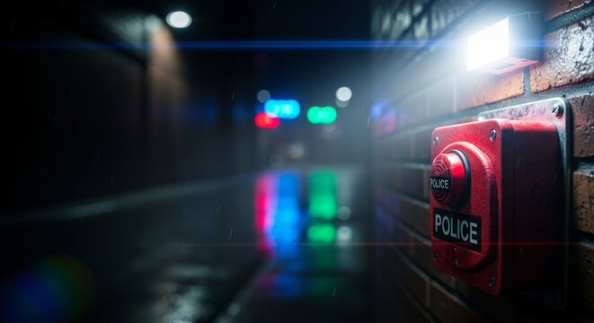 Red police call button glows in wet, dark alley with distant city lights, symbolizing urban safety