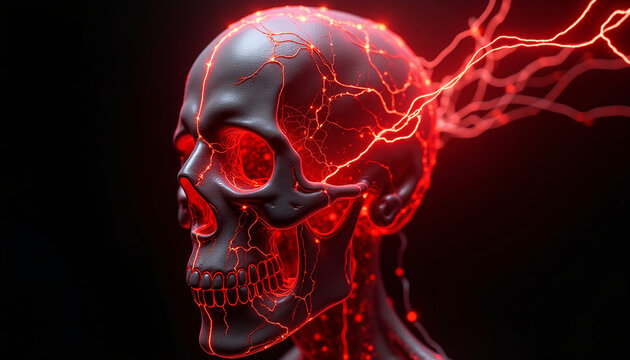 Glowing Red Neural Network Human Skull Digital Art Illustration