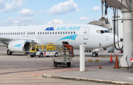 Ferno, Milan-Malpensa, Lombardy, Italy - October 1, 2025: Boeing aircraft of ASL AIRLINES at Milan Malpensa International Airport.