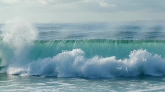 Close up slow motion shot of a large ocean wave breaking with white foam spray and mist, capturing the dynamic motion and power of coastal water.