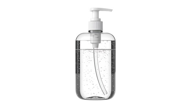 Clear pump dispenser bottle isolated white background transparent liquid soap sanitizer skincare packaging product photography