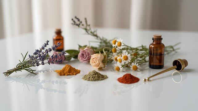 Herbal aromatherapy flat lay essential oil bottle dried flower spice natural wellness remedy white table photography