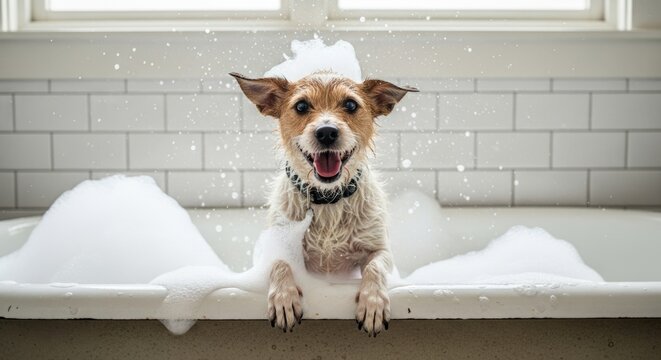 Happy Dog in Bathtub with Foam, Playful Bath Time, Joyful Pet Care, Natural Light, Charming Indoor Scene