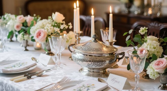 Antique silver tureen on a formal table setting with candlelight and floral arrangements, evoking elegance and nostalgia for intimate gatherings.