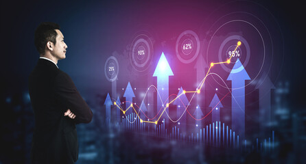 A professional man stands with confidence, analyzing growth projections in a modern corporate environment. Innovative graphs highlight business potential and insights. Scalp © InfiniteFlow