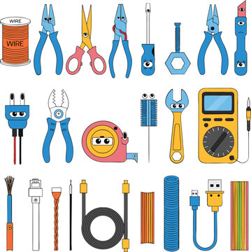 Cute vector illustration of electrical repair tools and various wiring equipment