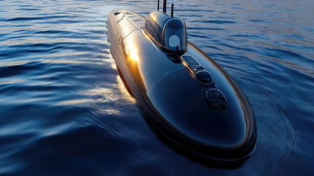 Military submarine emerging from the deep, navigating open ocean waters with a powerful wake.symbolizing global security, naval power, strategic defense, and international relations. Copy space