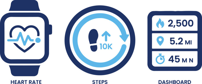 Fitness tracking smartwatch icons with heart rate steps counter and activity dashboard interface