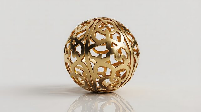 Golden lattice sphere 3D render isolated white background luxury decorative ball ornate metallic geometric design concept