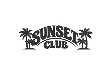 Retro styled Sunset Club text logo with palm tree silhouettes, ideal for entertainment venues © DzgnVibe