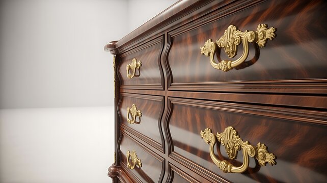 Closeup of a luxurious wooden dresser with gold handles on white background