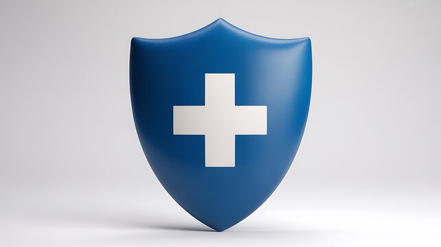 Blue shield with a white cross on a gray background for protection and safety